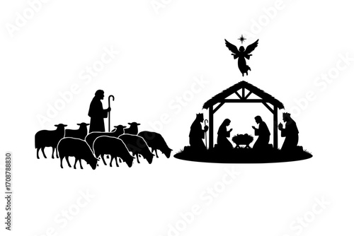 Holiday silhouettes Christmas Nativity. Shepherd grazes flock sheep. Illustration
