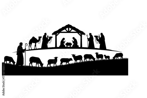 Holiday silhouettes Christmas Nativity. Shepherd grazes flock sheep. Illustration
