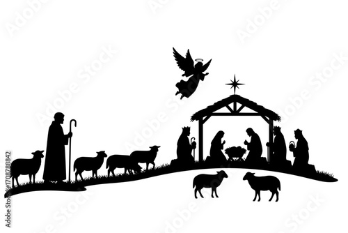Holiday silhouettes Christmas Nativity. Shepherd grazes flock sheep. Illustration
