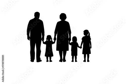 Family silhouettes grandparents father mother and three children from back
