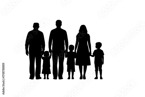 Family silhouettes grandparents father mother and three children from back
