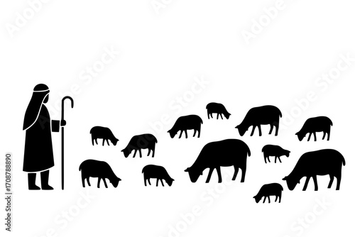 Holiday silhouettes Christmas Nativity. Shepherd grazes flock sheep. Illustration
