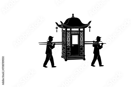 Silhouette traditional Chinese sedan chair carried by porters.
