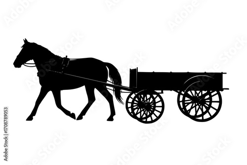 Silhouette Horse pulling cart. Traditional rural transportation
