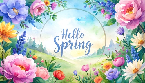 Watercolor Spring Landscape: Colorful Flowers Frame 