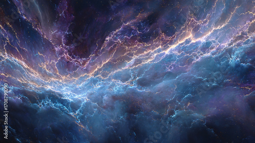 an ethereal nebula in space, with swirling patterns of blue and purple light creating intricate shapes reminiscent of lightning or starlight. the background is dark yet vibrant, adding depth to the sc