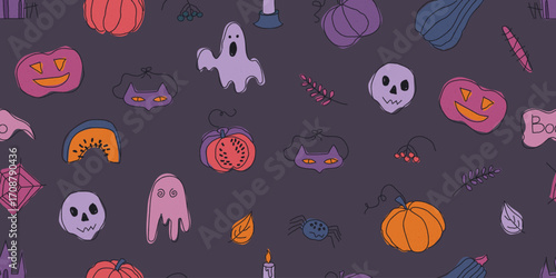 Seamless pattern with collection of hand-drawn Halloween images in a bright, flat cartoon format with elements of sloppiness and added grainy texture. Dark background.