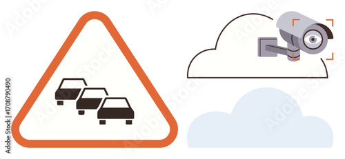 Traffic congestion warning inside a triangular sign, a security camera mounted on a wall, and cloud shapes symbolizing cloud data. Ideal for transportation, safety, alerts, technology, smart cities