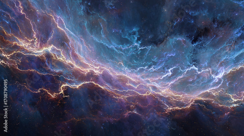 an ethereal nebula in space, with swirling patterns of blue and purple light creating intricate shapes reminiscent of lightning or starlight. the background is dark yet vibrant, adding depth to the sc