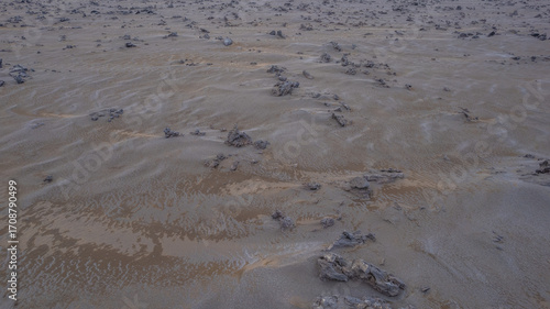 Close aerial view of Icelandic geothermal area showing mud textures and scattered rocky mineral deposits