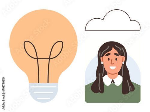 Smiling woman portrait next to a large lightbulb and cloud, symbolizing creativity, innovation, and thought. Ideal for teamwork, brainstorming, education, inspiration, technology problem-solving