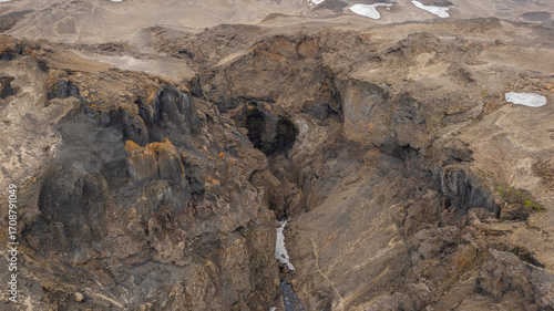 Remote Icelandic ravine showing raw volcanic terrain and a stream carving through steep desert-like cliffs