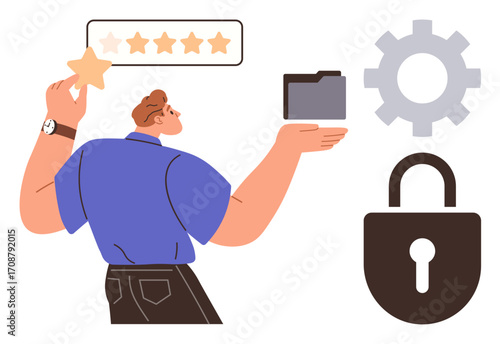 Person holding a star and a folder, surrounded by a gear and a padlock, symbolizing data security, user feedback, encryption, digital safety, privacy, rating systems and reliability. A simple flat