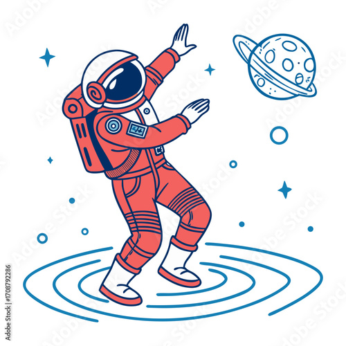 An astronaut in a red suit dances in space, surrounded by stars a small planet, a whimsical adventurous scene