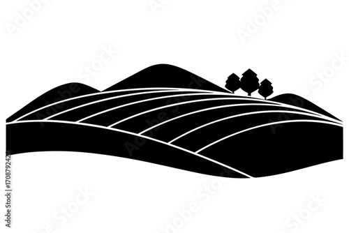 A black white illustration of rolling hills trees on top, , a simple landscape