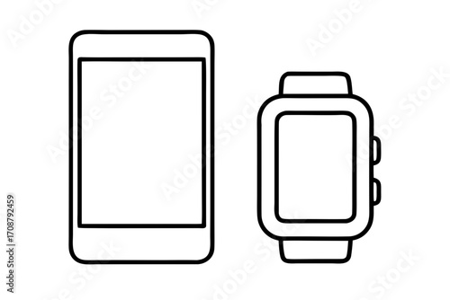 A minimalist line drawing showcases a smartphone a smartwatch side by side, emphasizing modern technology