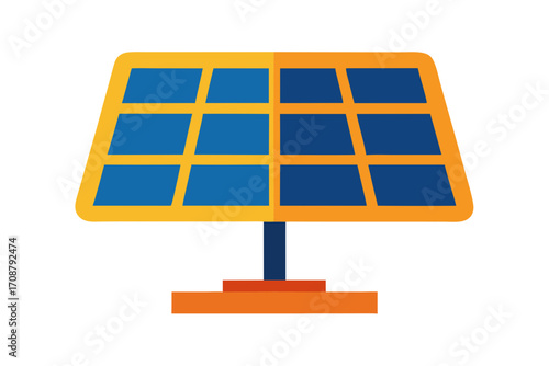 A vibrant solar panel blue cells a yellow frame, mounted on an orange stand, , renewable energy