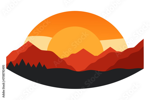 A vibrant sunset over a mountain range, casting warm across the peaks valleys, a serene picturesque scene