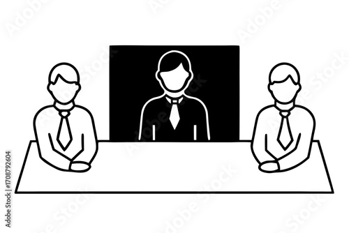 Illustration of a business meeting three people sitting at a table, , in black white