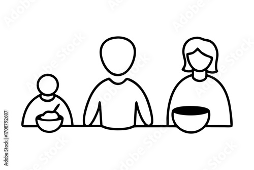 Three figures sit at a table, each a bowl, , a family meal or shared activity