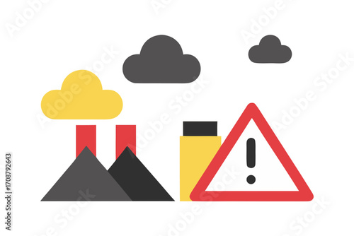 Illustration of a factory emitting pollution, a warning sign, , conveying environmental concerns