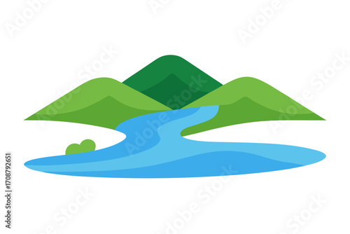 A serene landscape a winding river flowing through lush green hills, , a peaceful scene