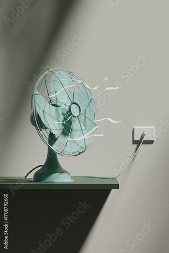 Mint green retro electric fan blowing air indoors