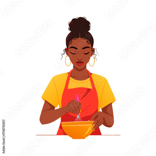 A woman dark skin hair in a bun is stirring ingredients in a bowl wearing an apron