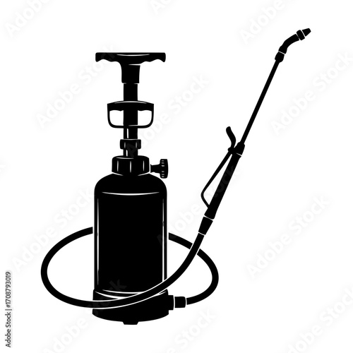 Black white illustration of a garden sprayer, , its design functionality for gardening