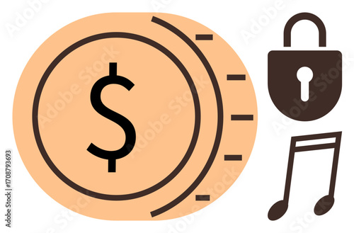 Large dollar coin with bold lines, secured by a lock symbol and accompanied by a music note. Ideal for finance, security, copyright, digital payment, intellectual property, data privacy, simple flat
