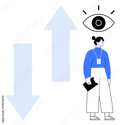 Businesswoman holding a folder, standing next to upward and downward arrows and an eye symbol. Ideal for data analysis, observation, decision-making, growth trends, surveillance, career focus