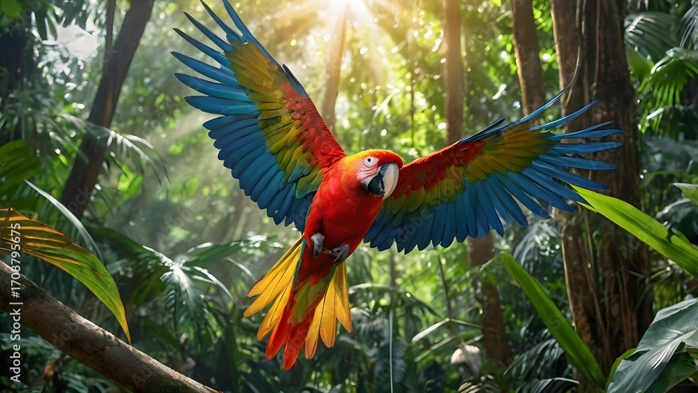 Obraz premium Scarlet Macaw Parrot Flying with Vibrant Wings in Tropical Rainforest Jungle