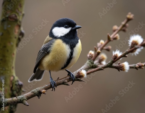 Small marsh tit perches on wet forest branch in spring. Songbird shows off yellow, black feathers, white cheeks, dark beak. Natural background, possibly wetland environment, highlights bird detailed