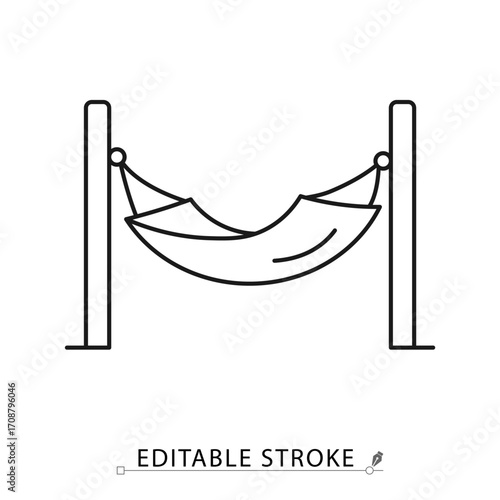 A hammock icon in minimalist style with editable stroke. Outdoor furniture, relaxation element, summer decor, leisure design, garden accessory, tropical rest, vacation symbol, comfort seat.