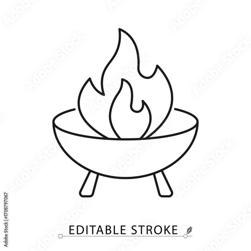 A fire pit icon in minimalist style with editable stroke. Outdoor furniture, backyard decor, patio element, garden fire bowl, relaxation design, camping symbol, warmth concept, leisure object.