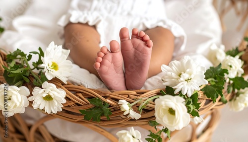 Newborn Baby's Feet in Wicker Basket with White Flowers