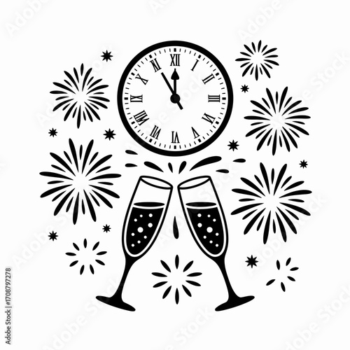 New year s eve celebration with clock and champagne toast