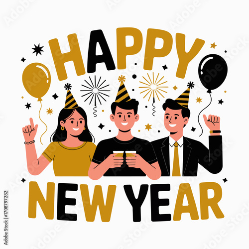 Happy new year celebration with friends and fireworks