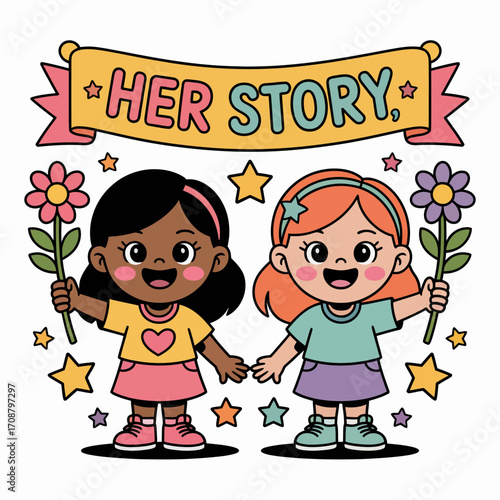 Two diverse cartoon girls holding hands and flowers under her story banner