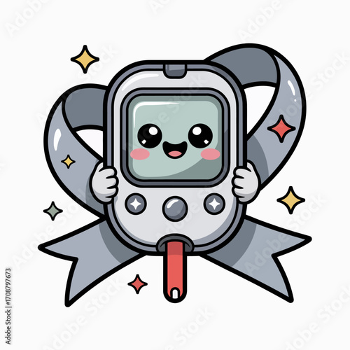 Cute cartoon blood glucose meter with awareness ribbon