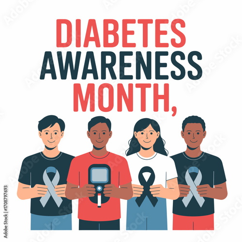 Diabetes awareness month people holding awareness ribbons and medical devices