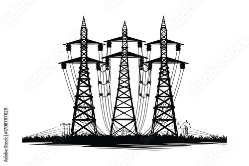 High voltage electrical transmission tower icon vector, power line silhouette, industrial energy grid infrastructure, electricity pylon vector icon silhouette vector, utility tower and power distribut