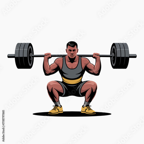 Muscular man performing a heavy barbell back squat in a gym