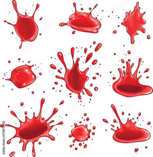Red Liquid Splashes and Drops in Various Shapes and Sizes splatter