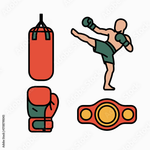Martial arts and boxing icons including fighter punching bag gloves and champion belt