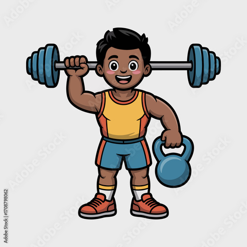 Cartoon boy lifting weights and kettlebell for fitness