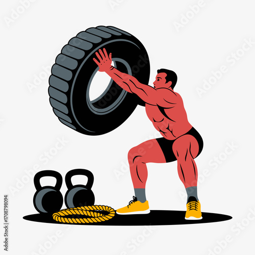 Man performing tire flip exercise with kettlebells and jump rope