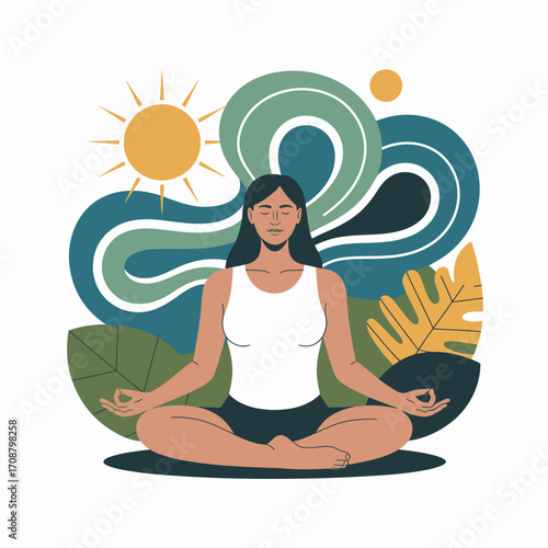 Woman meditating in lotus pose with abstract organic background and sun