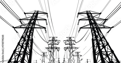 Modern electrical transmission tower vector, High voltage pylon and power line illustration, Industrial energy grid design, Utility tower silhouette and icon