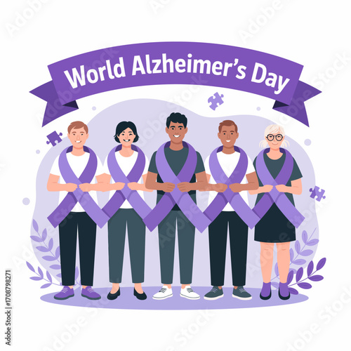 World alzheimer s day awareness event with diverse people holding purple ribbons